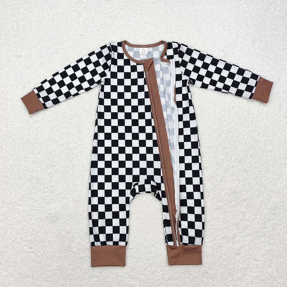 Baby Infant Boys Fall Black Checkered Zip Bamboo Rompers