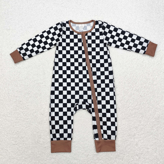 Baby Infant Boys Fall Black Checkered Zip Bamboo Rompers