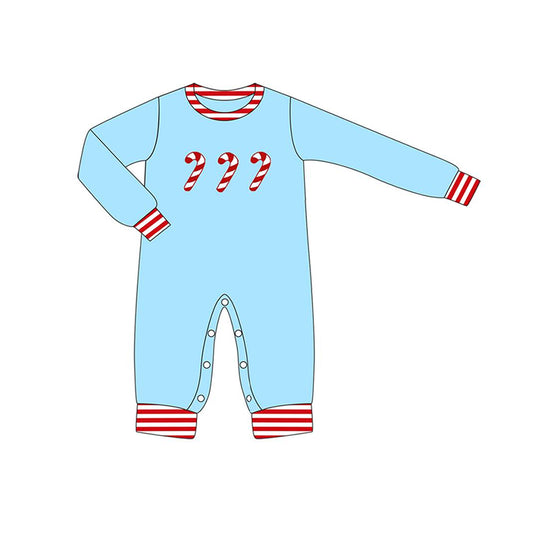 Baby Infant Boys Christmas Candy Cane Blue Long Sleeve Rompers preorder