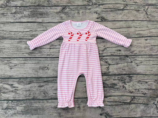 Baby Infant Girls Christmas Candy Cane Pink Long Sleeve Rompers