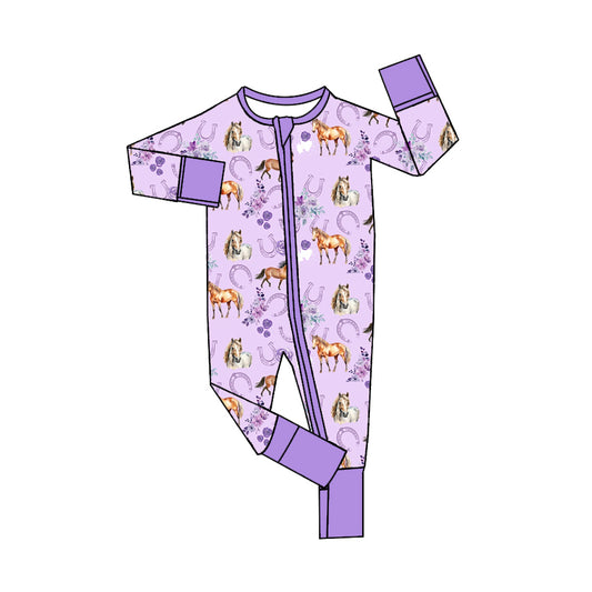 Baby Infant Girls Western Horse Purple Long Sleeve Zip Rompers preorder