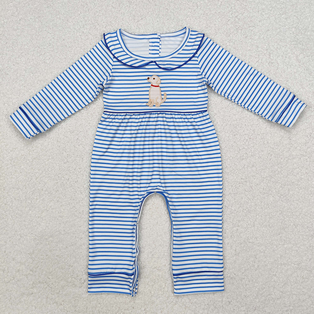 Baby Infant Boys Blue Stripes Dog Long Sleeve Rompers