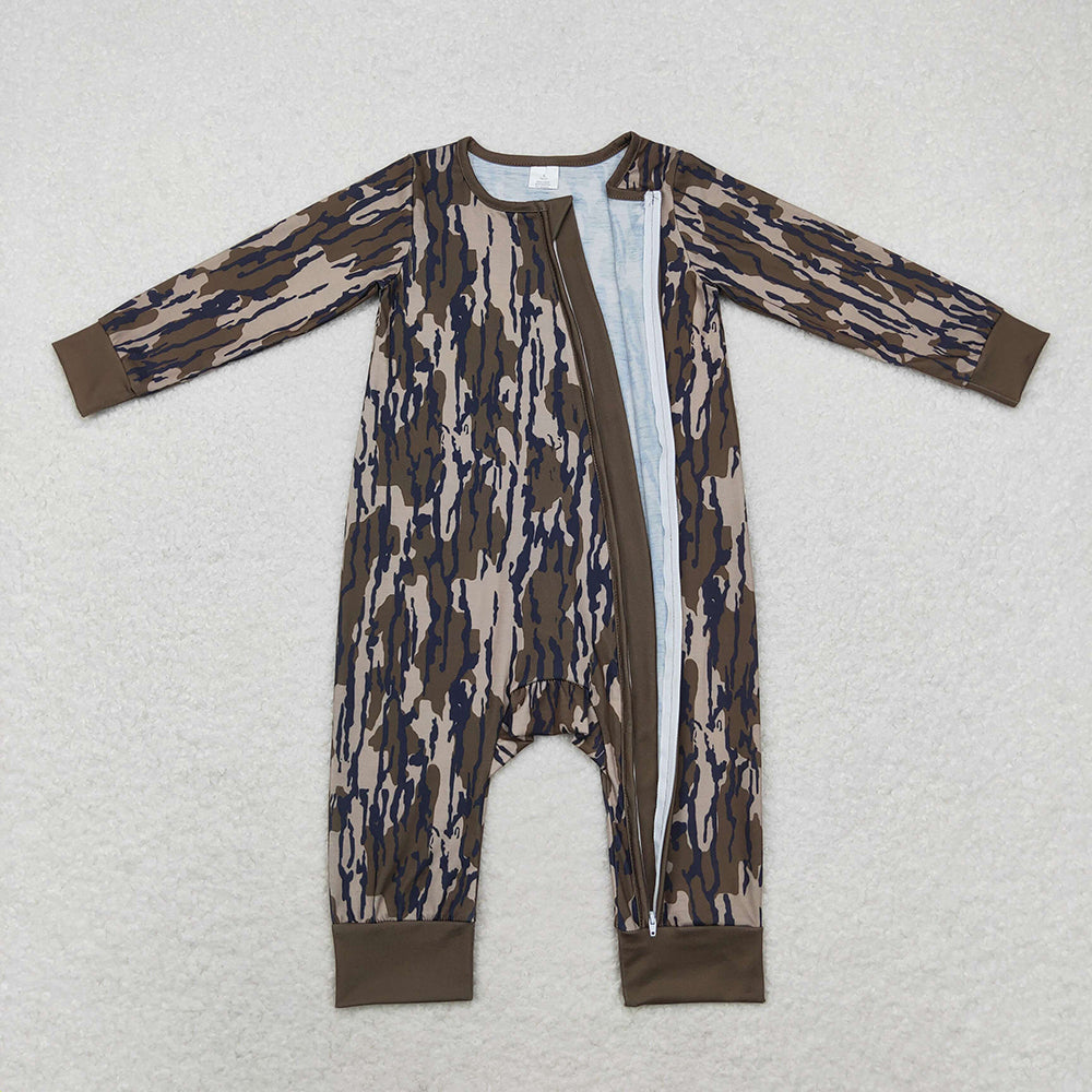Baby Boys Long Sleeve Southern Wood Camo Bamboo Zip Rompers