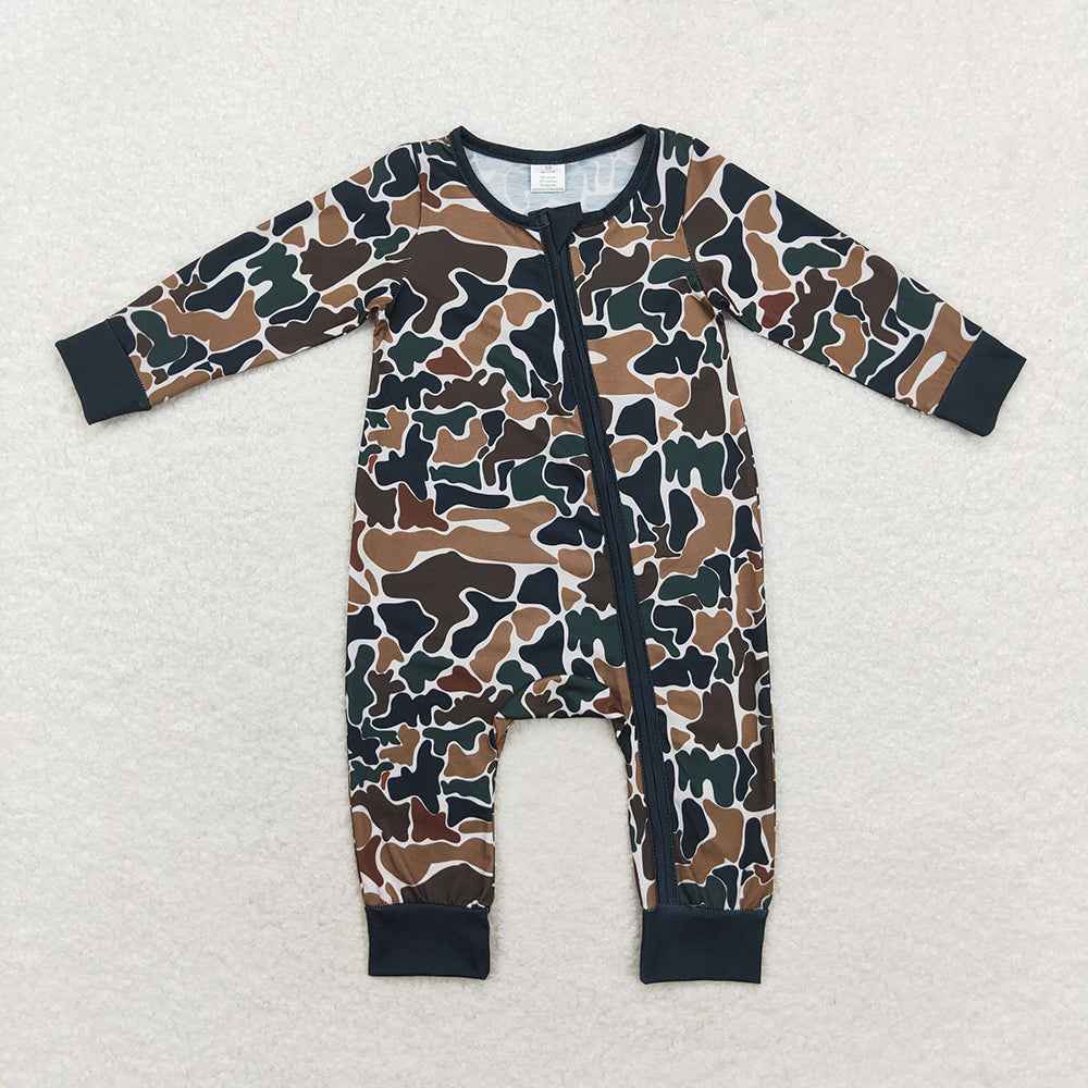 Sibling Baby Boys Bamboo Southern Camo Dogs Ducks Hunting Zip Rompers