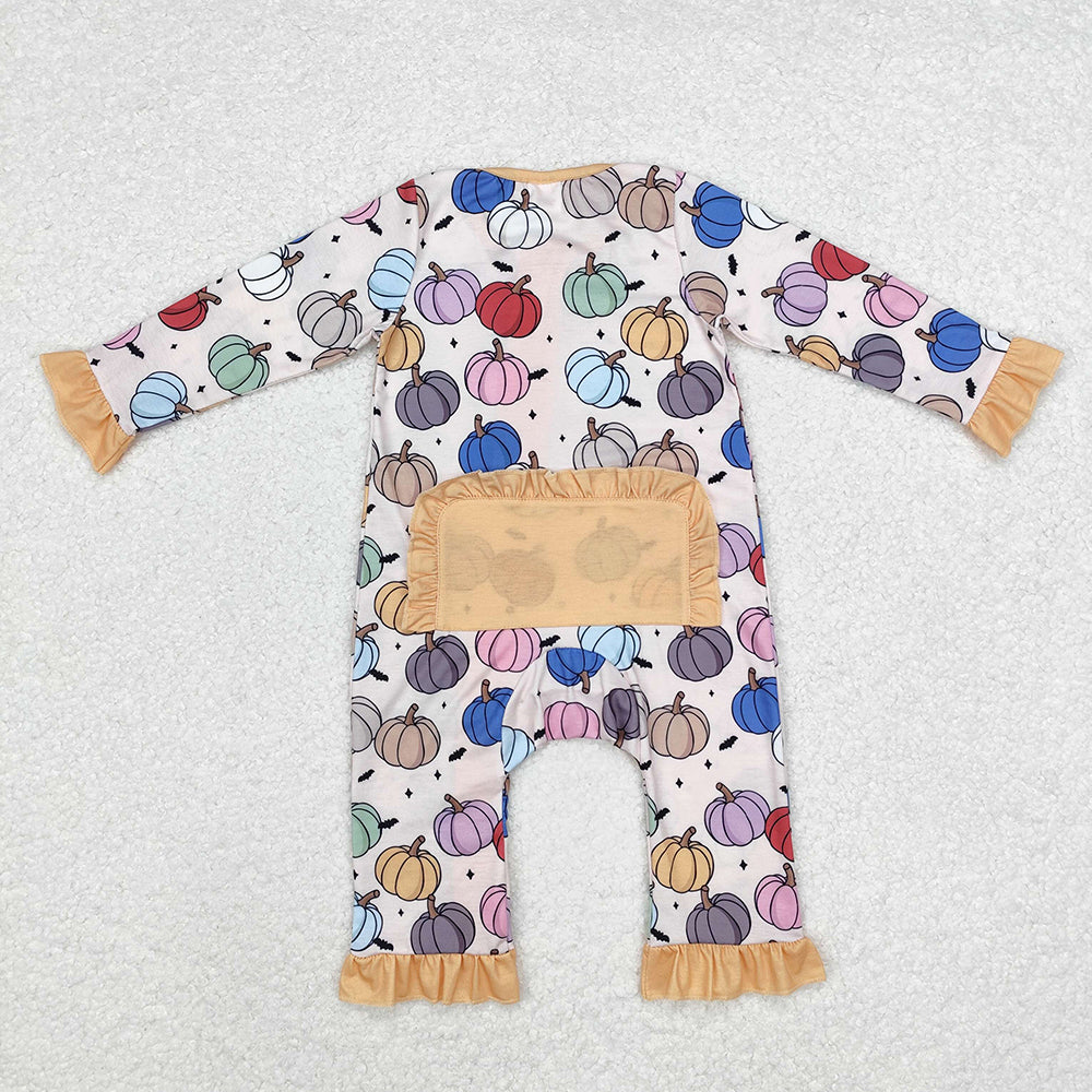 Baby Infant Girls Colorful Pumpkins Fall Bamboo Zip Rompers