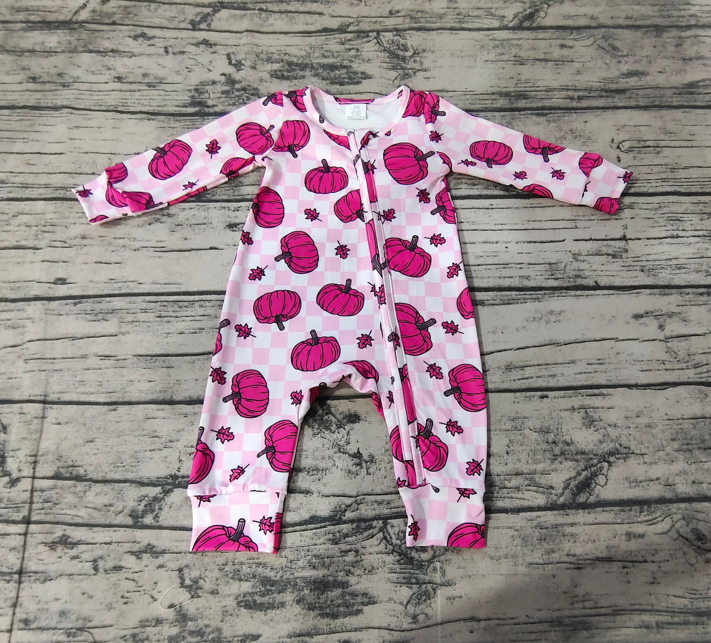 Baby Infant Girls Pink Checkered Pumpkins Fall Bamboo Zip Rompers