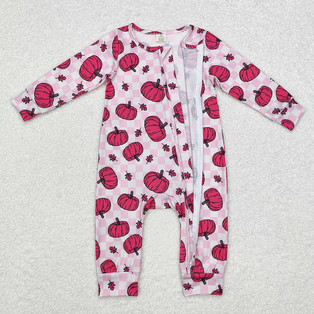 Baby Infant Girls Pink Checkered Pumpkins Fall Bamboo Zip Rompers