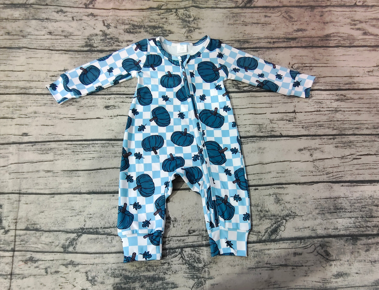 Baby Infant Boys Blue Checkered Pumpkins Bamboo Zip Rompers