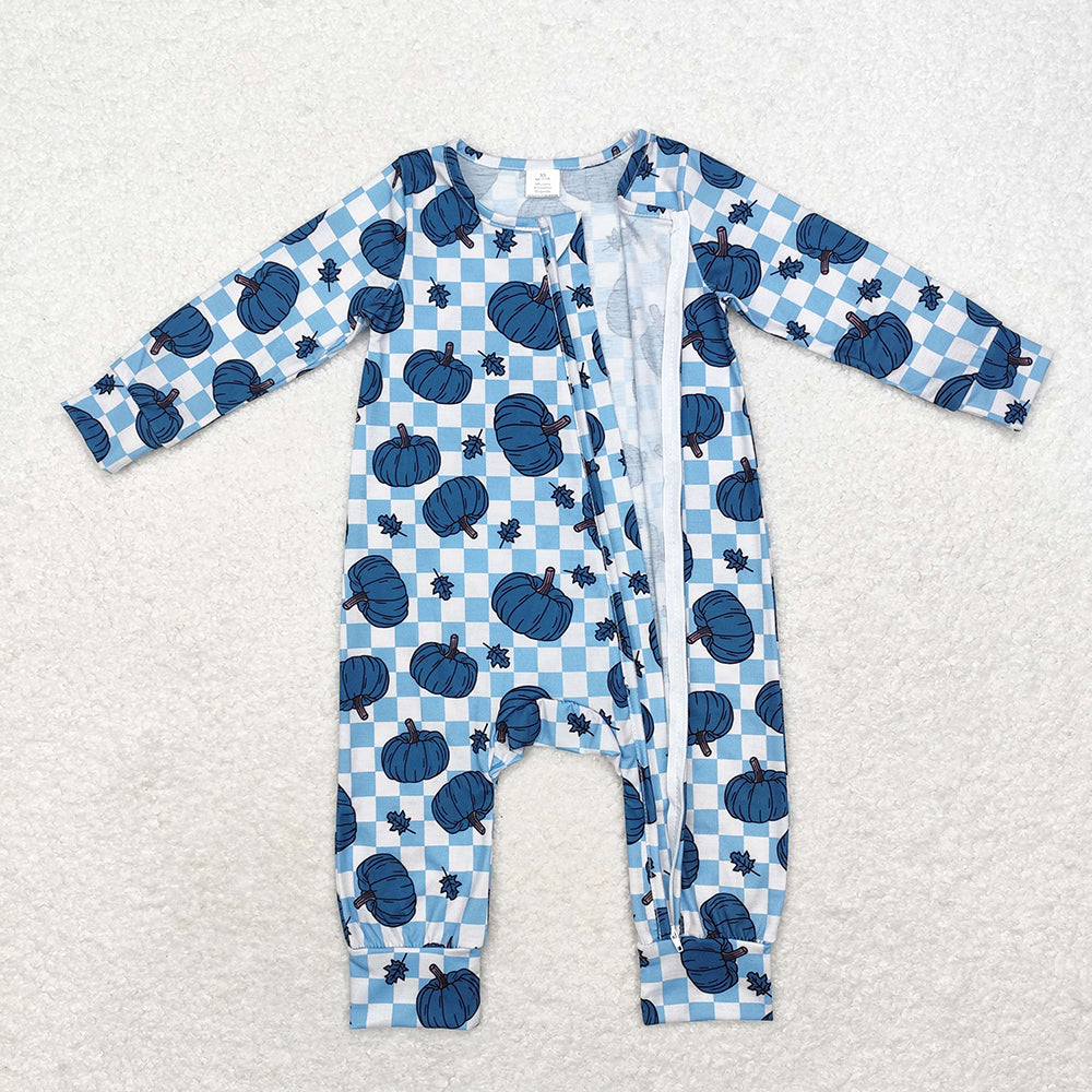 Baby Infant Boys Blue Checkered Pumpkins Bamboo Zip Rompers