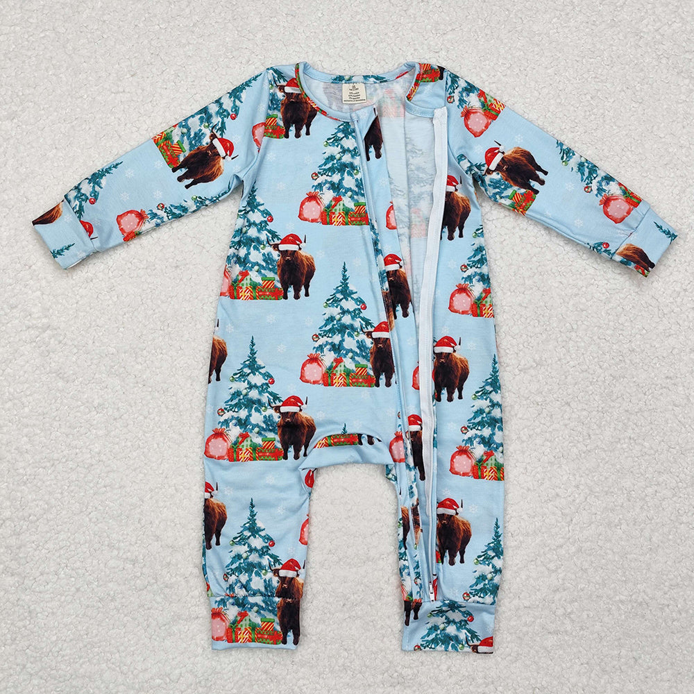 Baby Infant Boys Christmas Western Highland Cow Zip Rompers