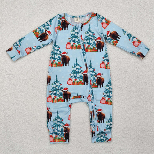 Baby Infant Boys Christmas Western Highland Cow Zip Rompers