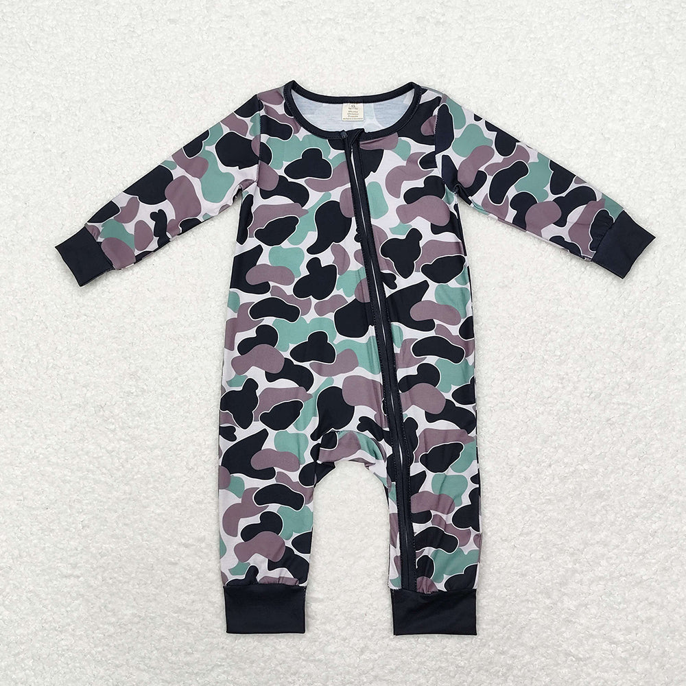 Baby Infant Boys Green Brown Camo Bamboo Zip Rompers