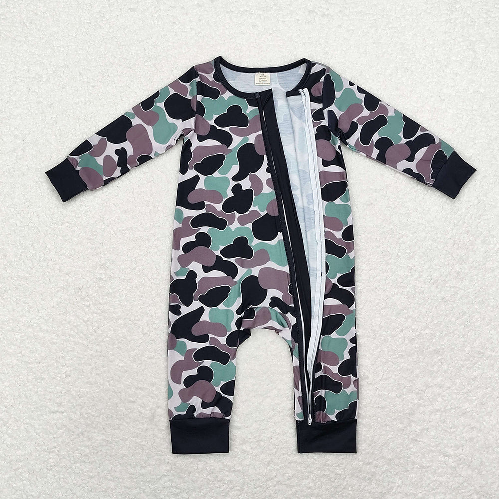 Baby Infant Boys Green Brown Camo Bamboo Zip Rompers