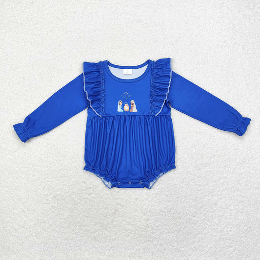 Baby Infant Girls Blue Nativity Christmas Ruffle Rompers