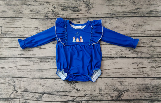 Baby Infant Girls Blue Nativity Christmas Ruffle Rompers