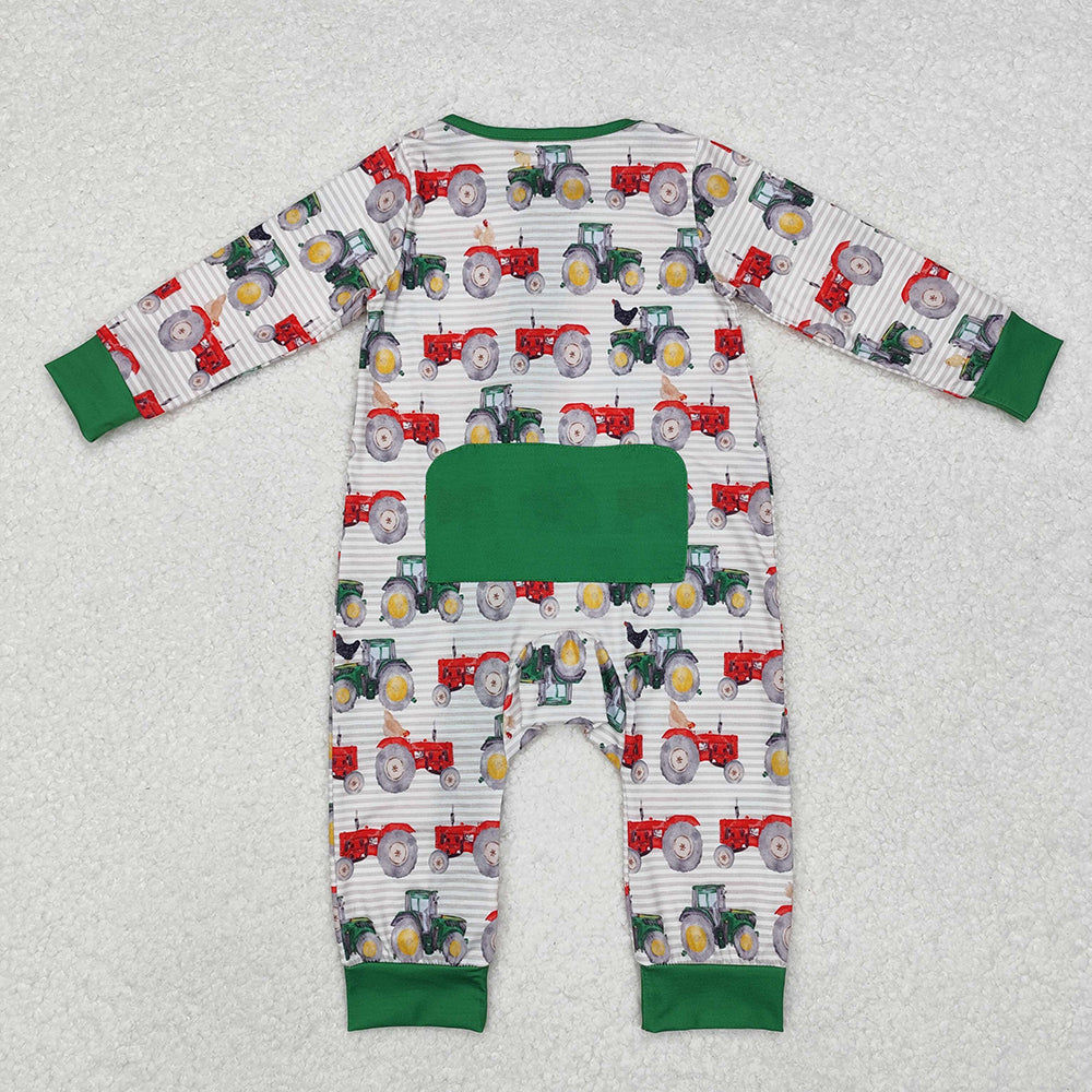 Baby Infant Boys Farm Tractors Zip Long Sleeve Rompers