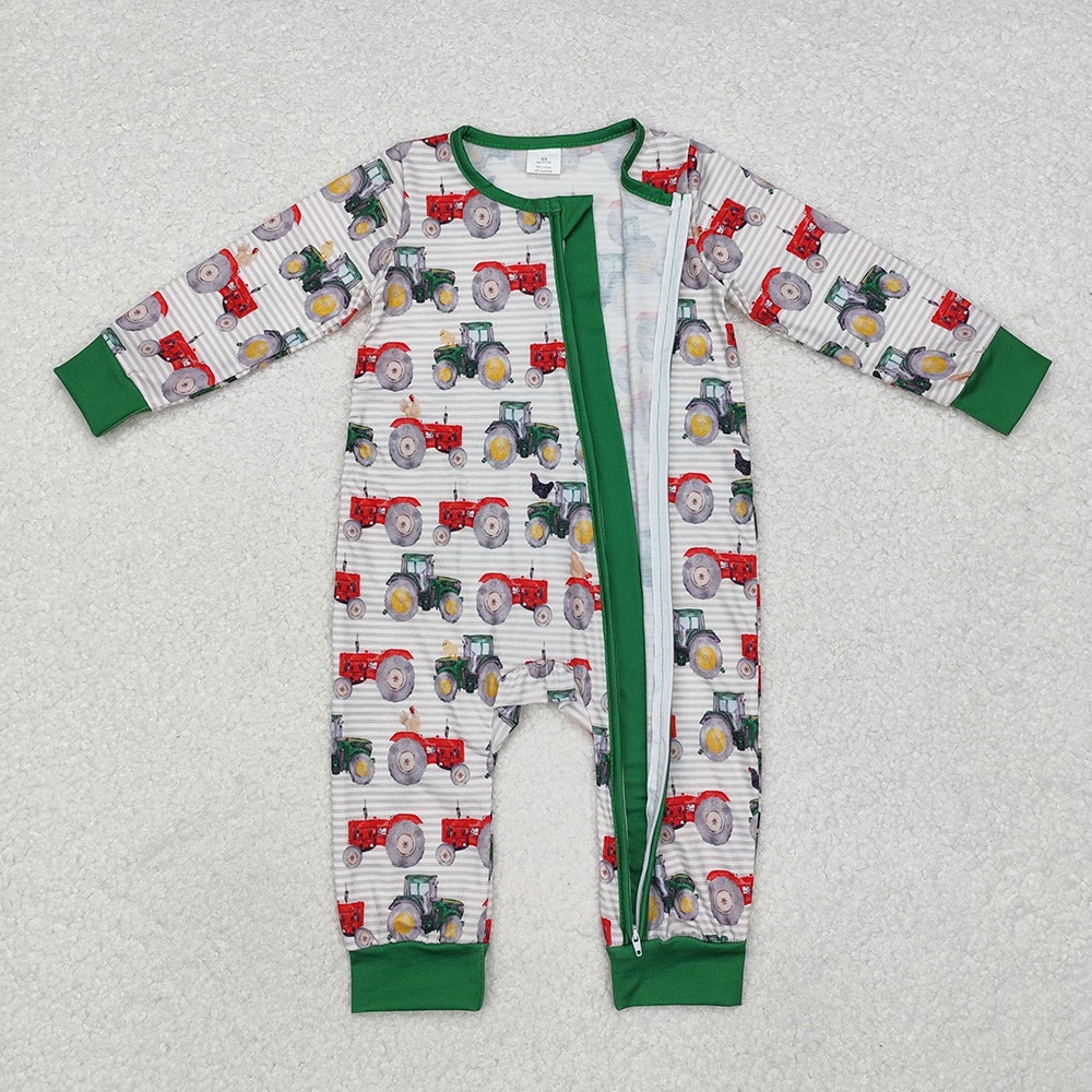 Baby Infant Boys Farm Tractors Zip Long Sleeve Rompers