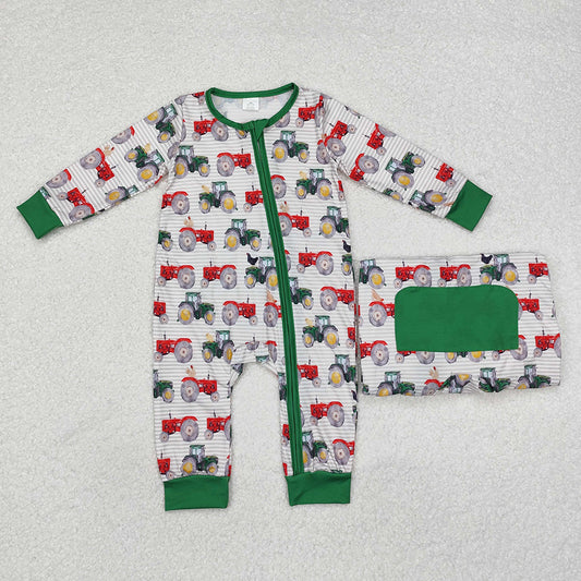 Baby Infant Boys Farm Tractors Zip Long Sleeve Rompers