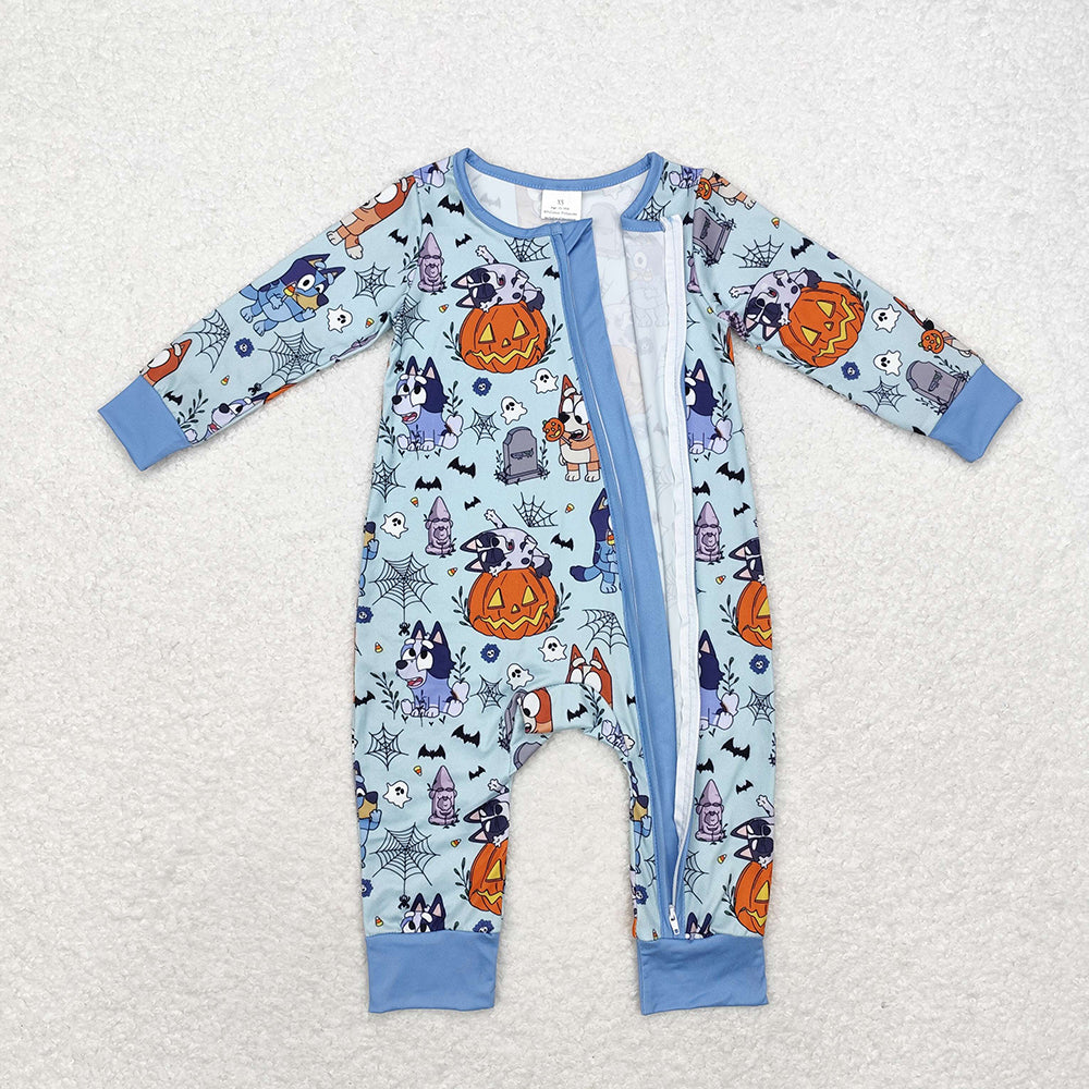 Baby Infant Halloween Blue Dogs Spider Zip Long Sleeve Rompers