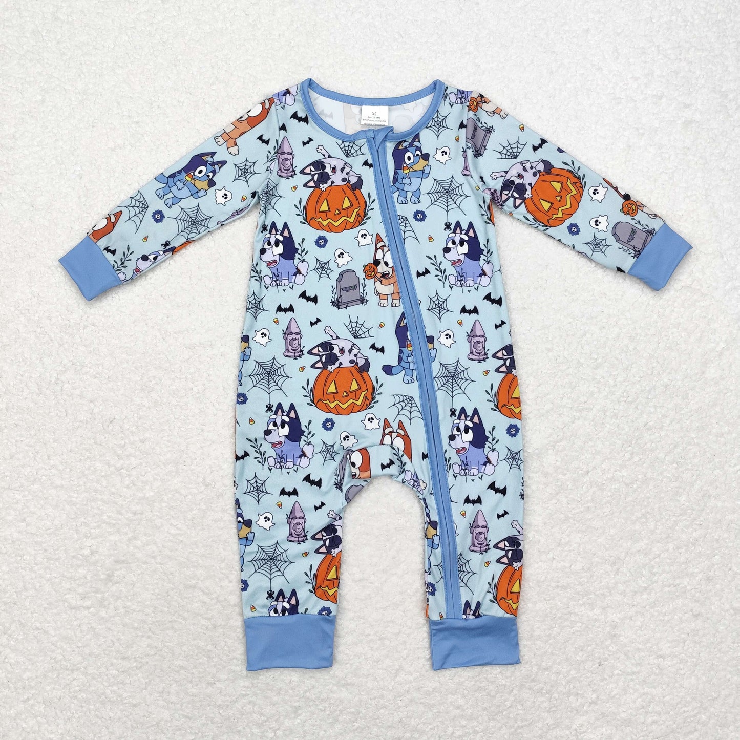 Sibling Baby Boys Blue Dogs Ghost Pumpkins Top Pant Halloween Pajamas Set Zip Rompers
