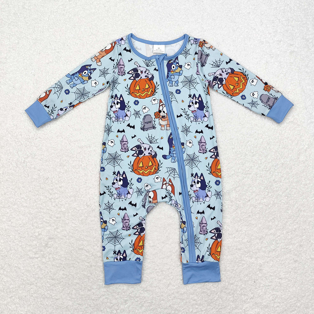 Baby Infant Halloween Blue Dogs Spider Zip Long Sleeve Rompers