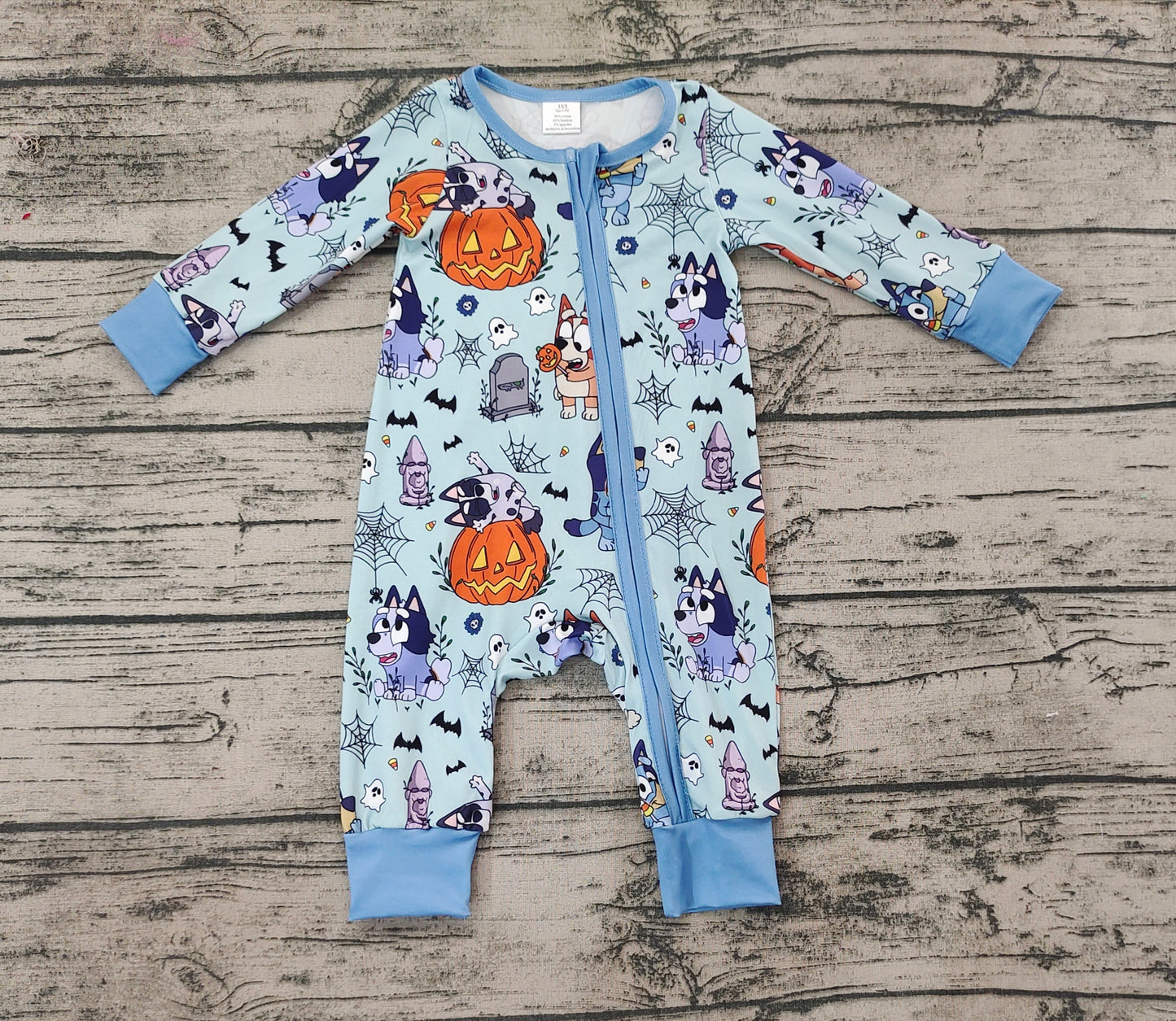 Baby Infant Halloween Blue Dogs Spider Zip Long Sleeve Rompers