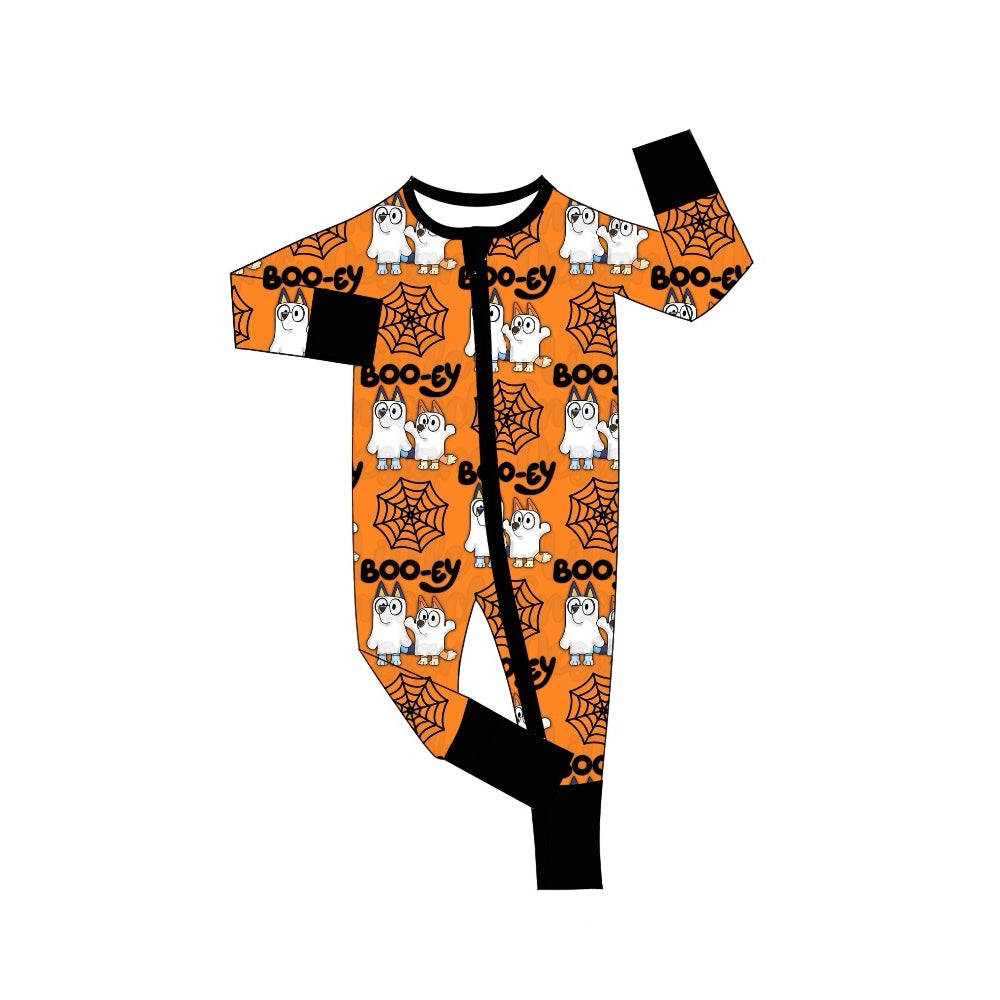 Baby Infant Halloween Orange Dogs Spider Zip Long Sleeve Rompers preorder