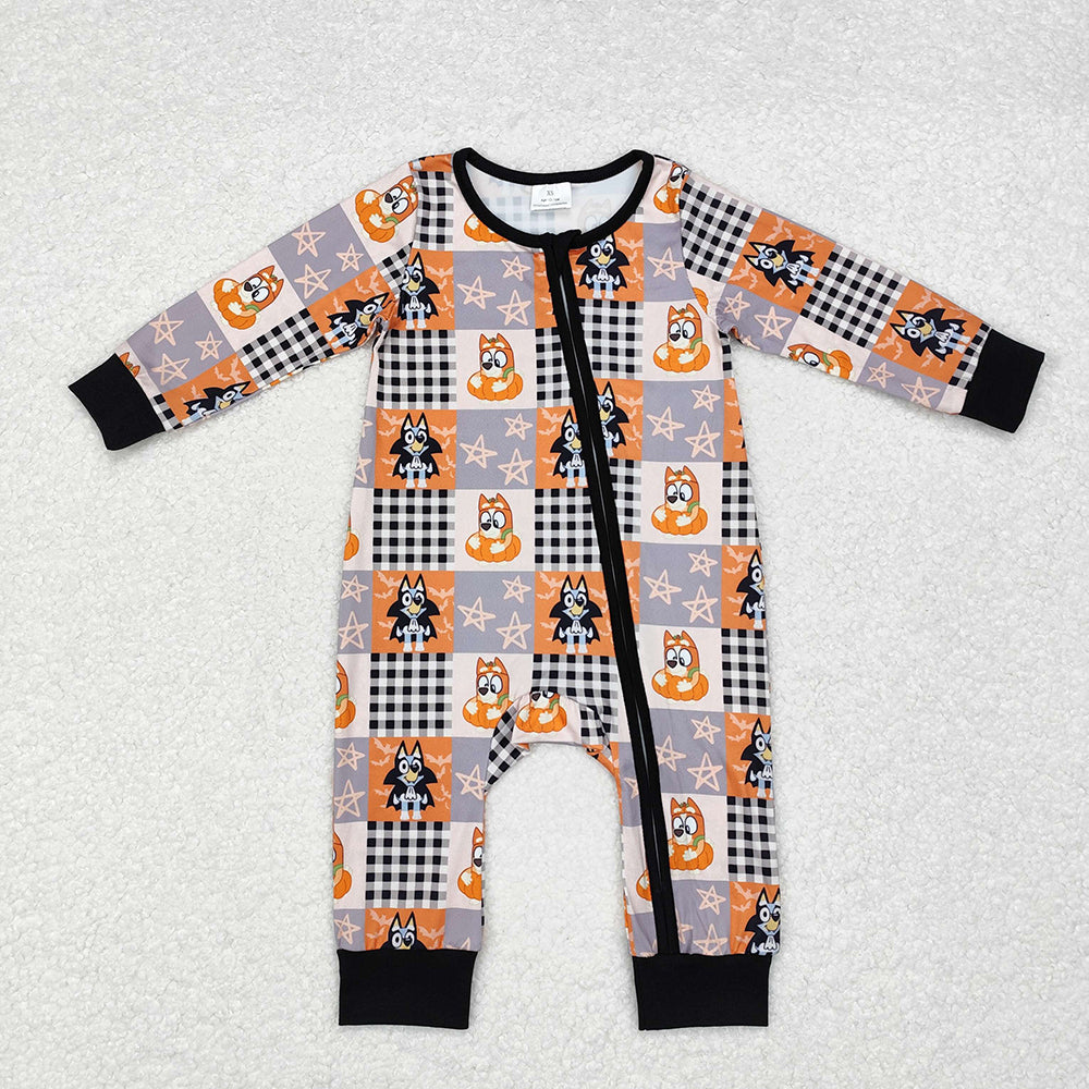 Baby Infant Halloween Orange Dogs Zip Long Sleeve Rompers