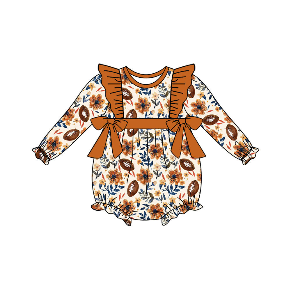 Baby Infant Girls Brown Football Bows Long Sleeve Rompers preorder