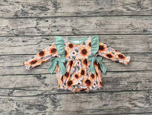 Baby Infant Girls Green Bows Flowers Long Sleeve Rompers