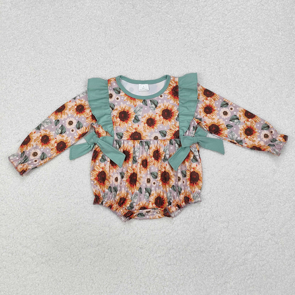 Baby Infant Girls Green Bows Flowers Long Sleeve Rompers