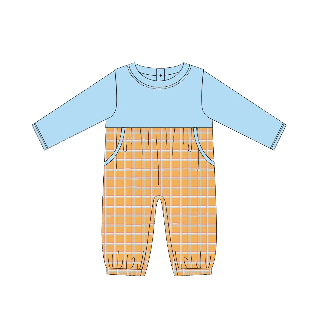 Baby Infant Boys Blue Orange Checkered Long Sleeve Rompers preorder