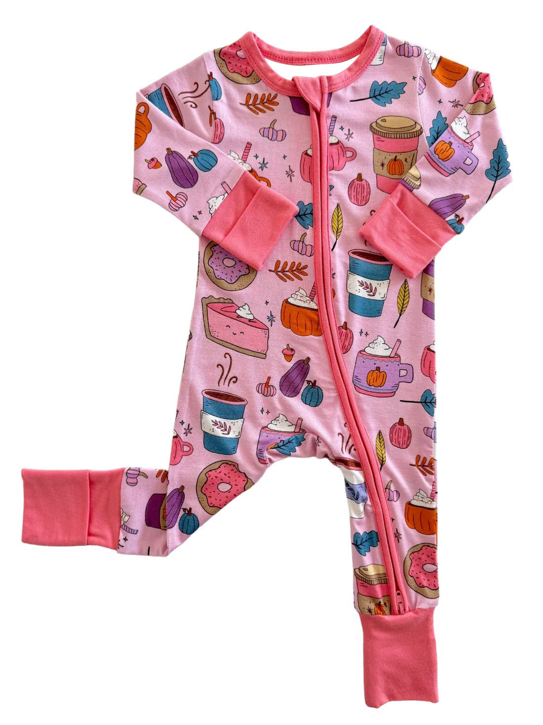 Baby Infant Girls Pink Pies Cups Coffee Zip Long Sleeve Rompers preorder