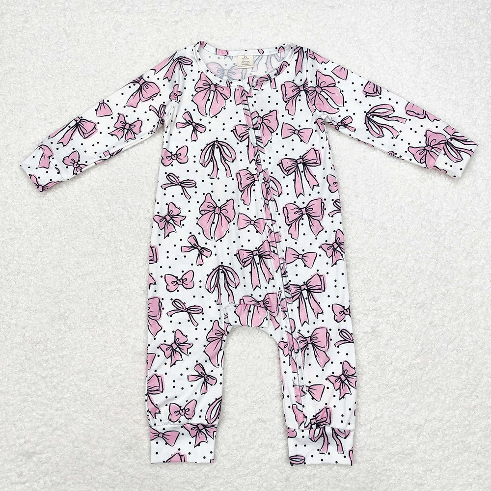 Baby Infant Girls Pink Bows Bamboo Zip Rompers