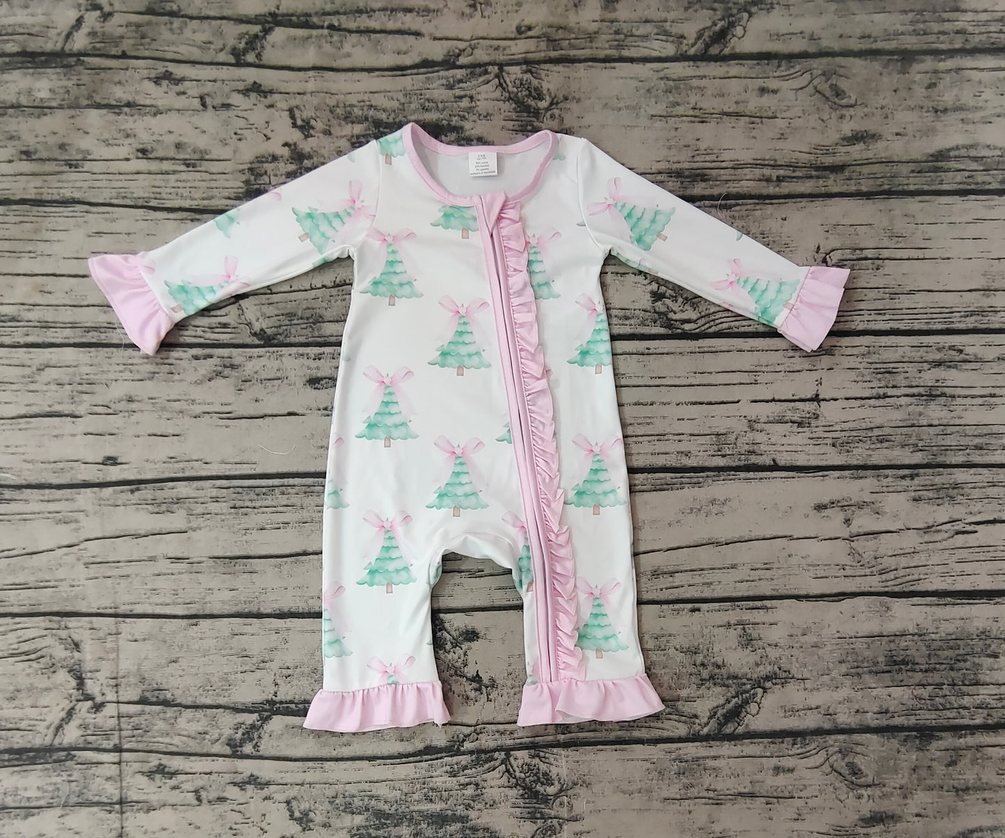 Baby Infant Girls Christmas Tree Pink Bows Bamboo Zip Rompers