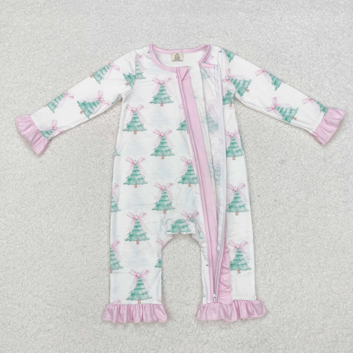 Baby Infant Girls Christmas Tree Pink Bows Bamboo Zip Rompers