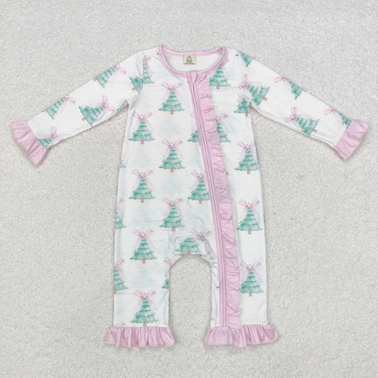 Baby Infant Girls Christmas Tree Pink Bows Bamboo Zip Rompers