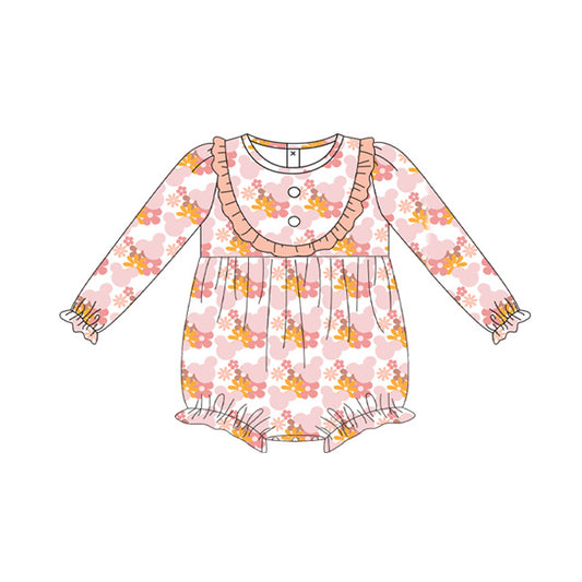 Baby Infant Girls Pink Flowers Cartoon Long Sleeve Rompers preorder