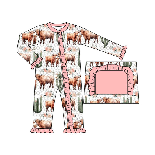 Baby Infant Girls Western Cows Cactus Zip Rompers preorder