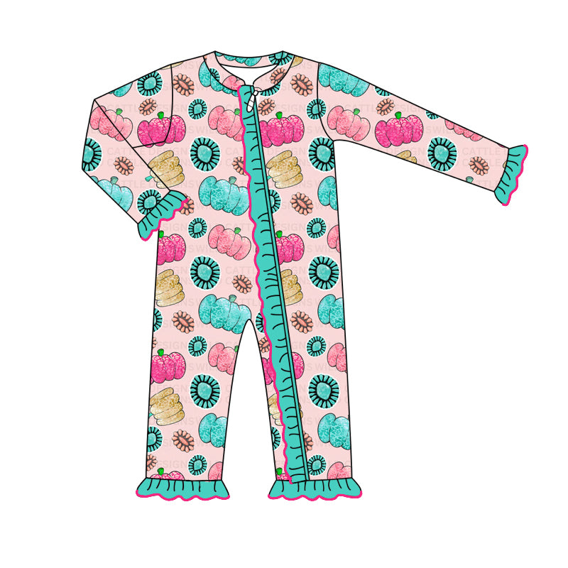 Baby Infant Girls Colorful Pumpkins Turquoise Zip Rompers preorder