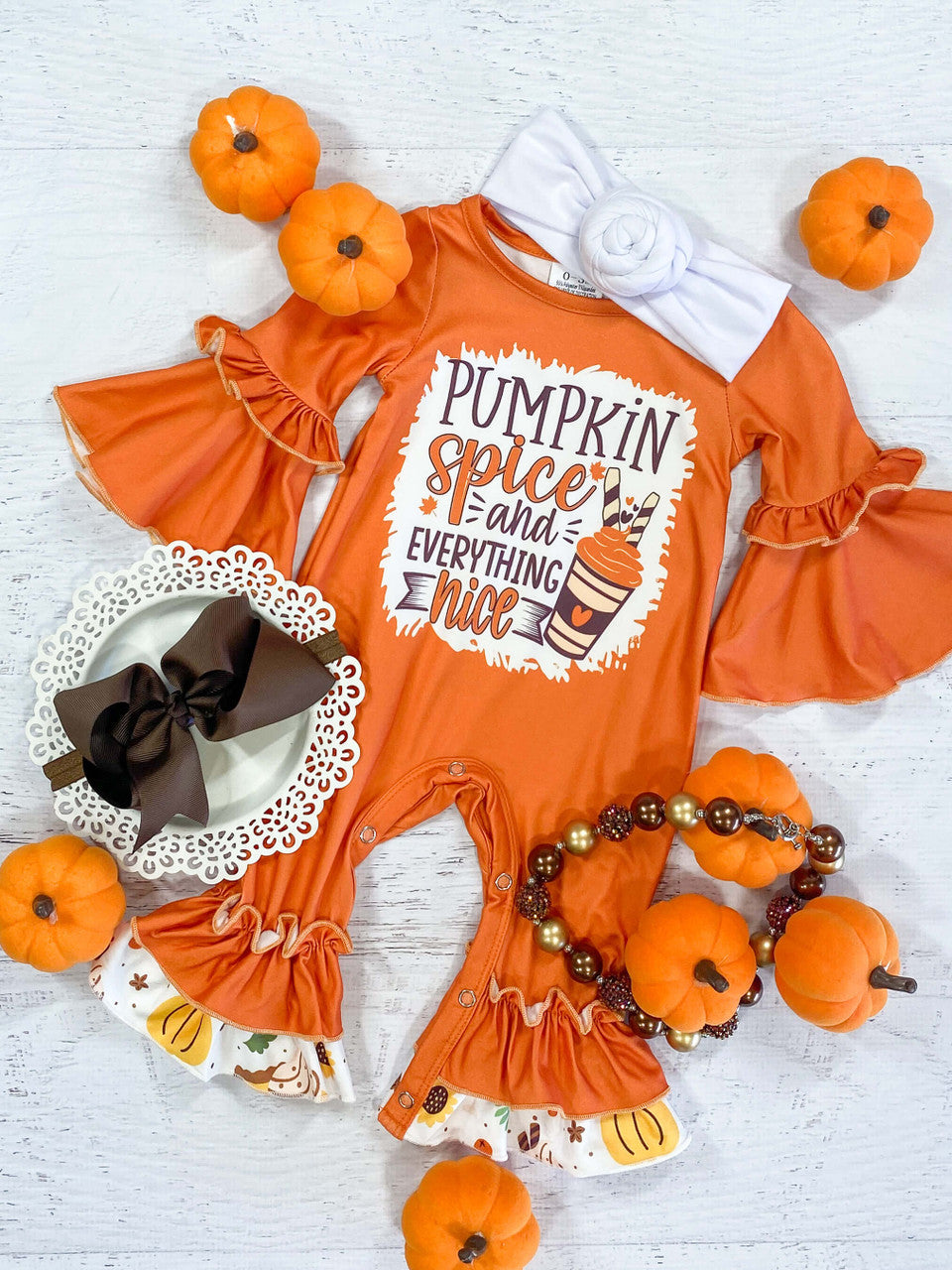 Baby Infant Girls Pumpkin Coffee Cup Ruffle Rompers preorder