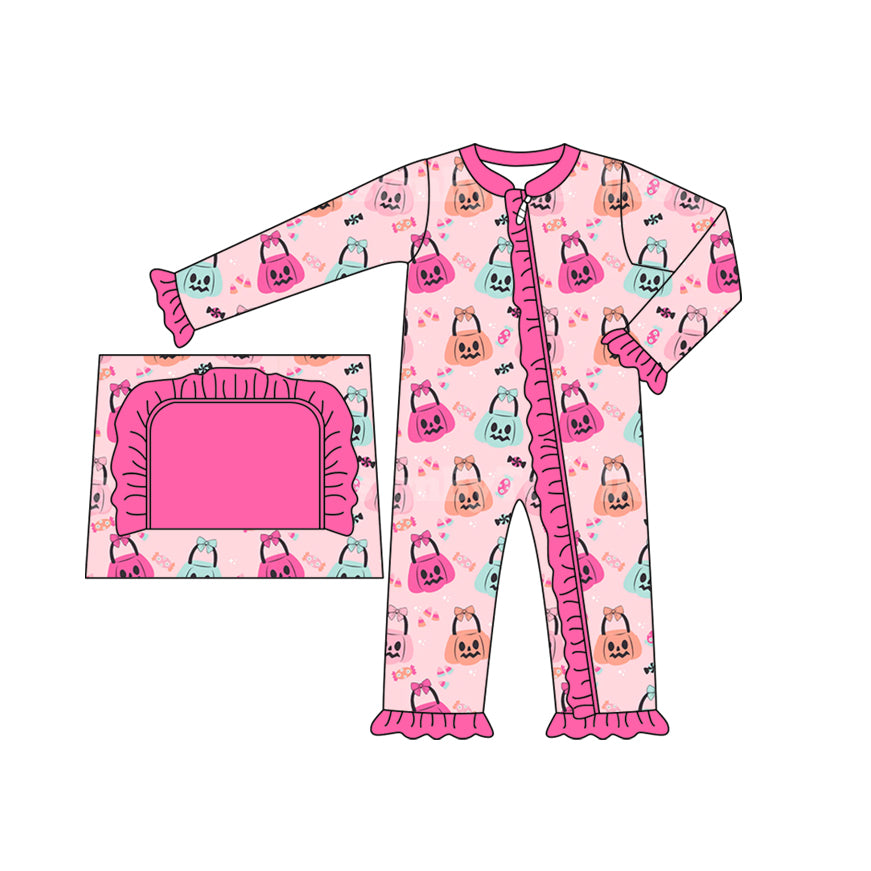 Baby Infant Girls Pink Halloween Pumpkins Zip Rompers preorder