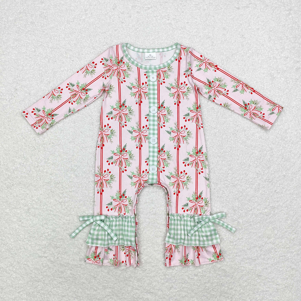 Baby Infant Girls Christmas Holly Bows Long Sleeve Rompers