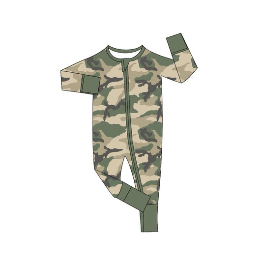 Baby Infant Boys Dark Green Camo Zip Long Sleeve Rompers preorder