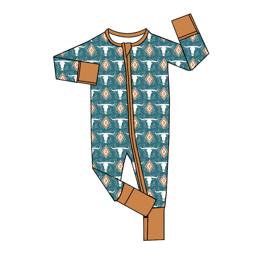 Baby Infant Boys Western Cows Aztec Zip Long Sleeve Rompers preorder