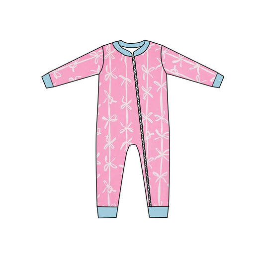 Baby Infant Girls Pink Bows Zip Long Sleeve Rompers preorder