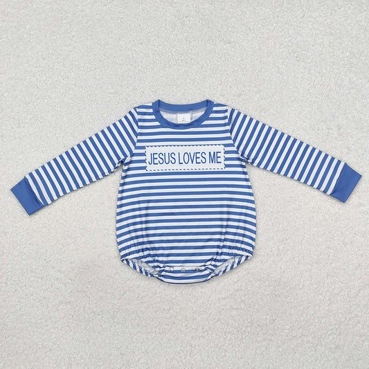 Baby Infant Boys Blue Stripes Jesus Loves Me Rompers