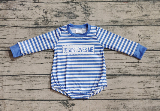 Baby Infant Boys Blue Stripes Jesus Loves Me Rompers