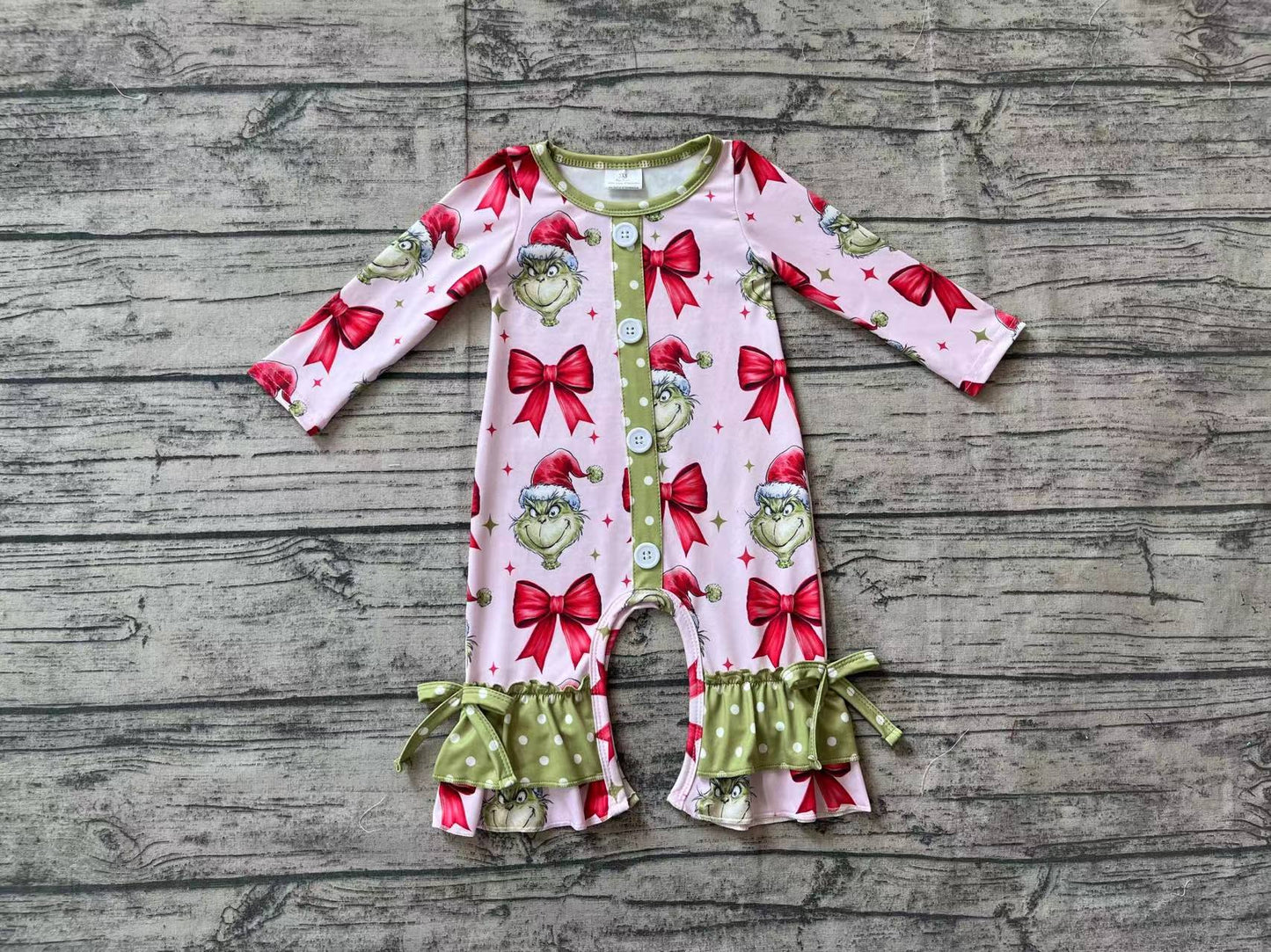 Baby Infant Girls Christmas Green Face Bows Buttons Rompers