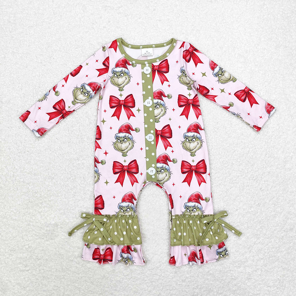 Sibling Girls Christmas Green Face Bows Rompers Clothes Sets